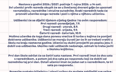 Obavijest za prvi dan nastave